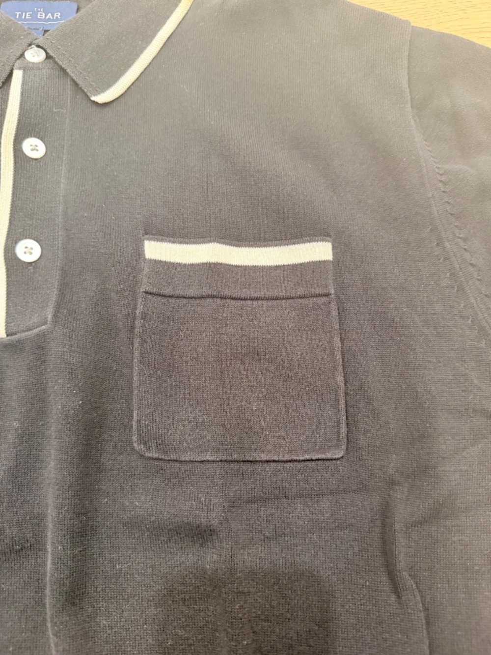 The Tie Bar Black Knit Polo Sweater Shirt White Trim Pocket Large - Picture 4 of 8